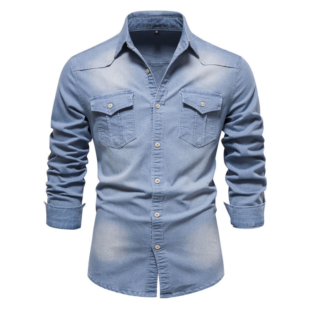 Men's Long-sleeved Denim Shirt Casual Solid Button Slim Tops Clothing